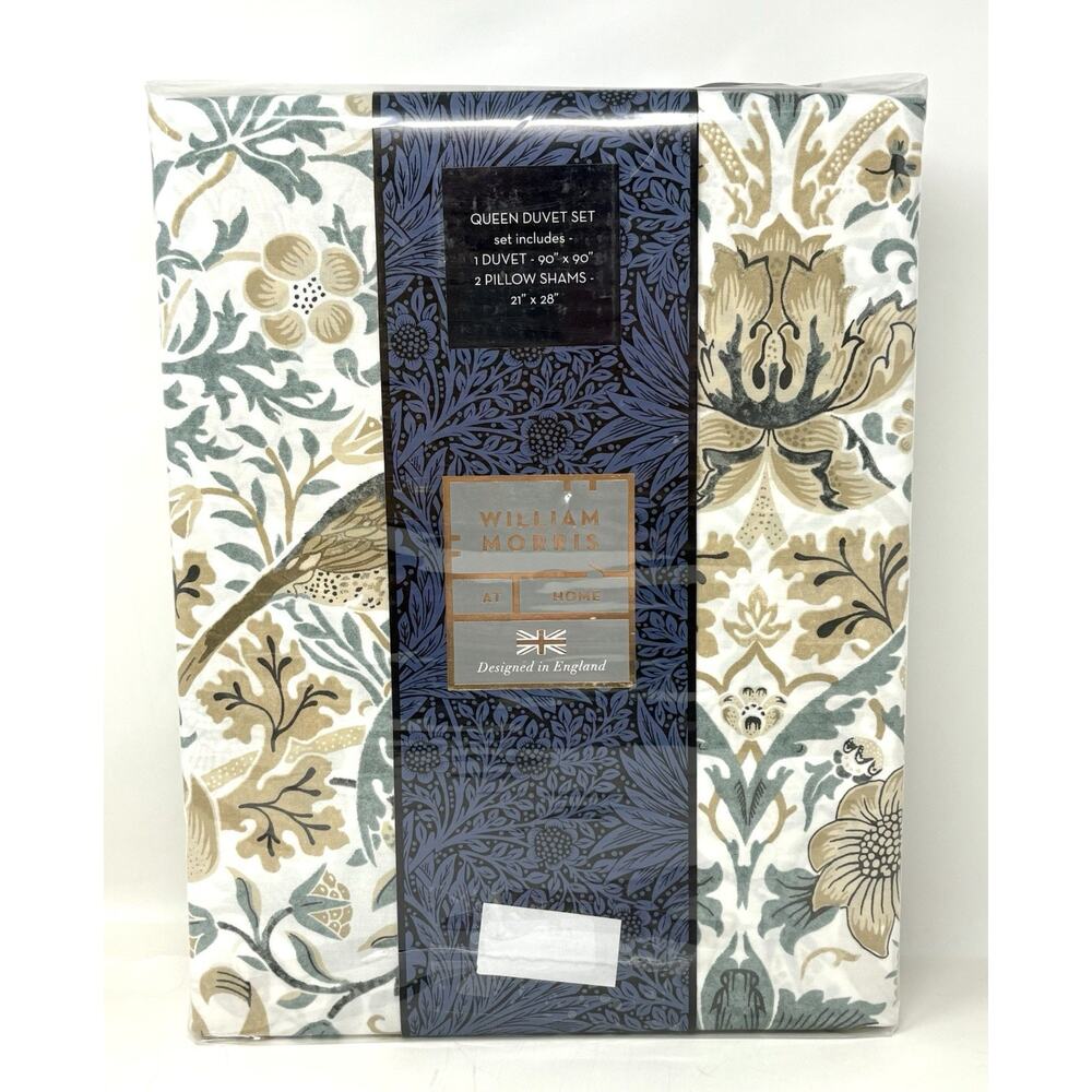 William Morris Strawberry Thief Hessian Queen Duvet Cover Set Teal Blue Grn